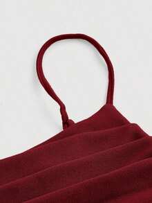Elegante vestido de tirantes con fruncido en la cintura de color liso - Burdeos 2 - Ver 3