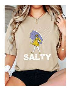 Salty Girl Umbrella Print Round Neck Short Sleeve Tee, 100% Cotton Plus SizeWomenCasual Top, Summer Daily OutdoorStreetwear Graphi Ccute Tees T-Shirt - 杏色 - 查看 11