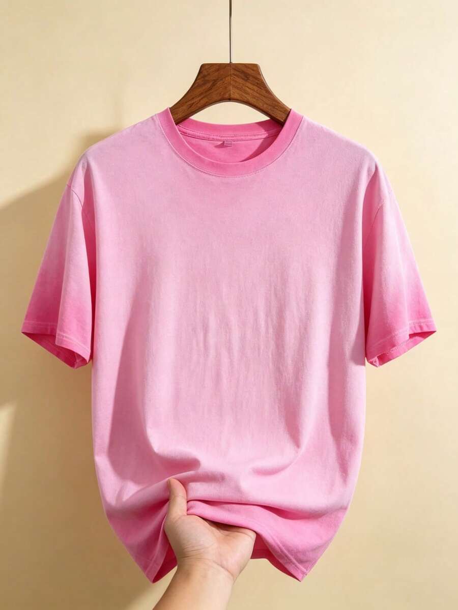 EWH 230g Thickened Gradient Pink Washed Distressed Oversized Pure Cotton Short-Sleeve T-Shirt, Unisex Street/Hip Hop/Punk/Harajuku Style, Great Gift For Boyfriend Or Girlfriend DG013 - Màu Hồng Tươi - Xem 1