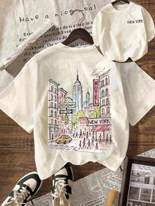 Camiseta Gráfica Vintage Básica Mexicana de Nueva York, Camiseta Casual de Manga Corta con Cuello Redondo para Mujer, Atuendo de Verano Blanco, Nuevo Lanzamiento - Albaricoque - Ver 1