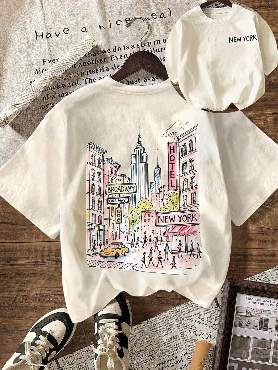 Camiseta Gráfica Vintage Básica Mexicana de Nueva York, Camiseta Casual de Manga Corta con Cuello Redondo para Mujer, Atuendo de Verano Blanco, Nuevo Lanzamiento - Albaricoque - Ver 1