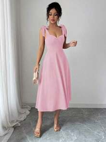 elegante y romántico para mujer con lazo decorativo en la cintura y corte evasé sin mangas - Rosa Pálido - Ver 4