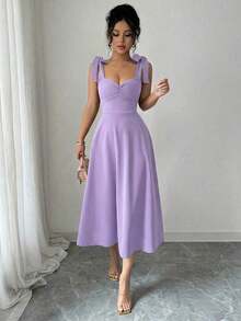 elegante y romántico para mujer con lazo decorativo en la cintura y corte evasé sin mangas - Púrpura malva - Ver 3