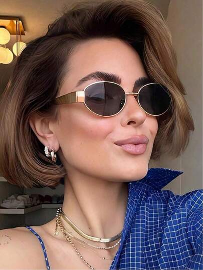 1 Pair Women's Oval Metal Fashion Glasses, New Design For International Fashion Week, Suitable For Daily Life, Outdoor Travel And Summer Beach Accessories, Fits College Style For Back To School