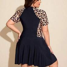 Swim Lushore Plus Size Women Summer Resort Leopard Patchwork V-Neck Short Sleeve Zipper Flare Mini Skirt Solid Color Knee-Length Shorts Burkini Swimsuit Set - Negro - Ver 3