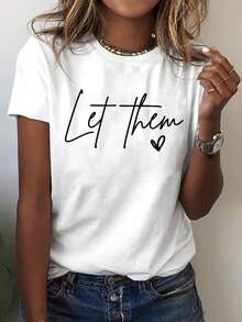 Camiseta de manga corta con cuello redondo y estampado de letras - Blanco - Ver 5