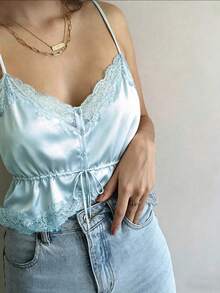 ZAHM Nueva llegada Blusa de mujer de estilo minimalista y sexy de encaje y satén, estilo europeo y americano para primavera/verano - Celeste - Ver 4