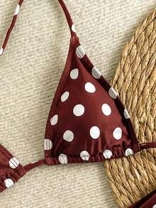 Nuevo conjunto de bikini con estampado de lunares sexy, espalda descubierta y lazo, con tirantes de espagueti para playa y piscina en vacaciones - Burdeos - Ver 4