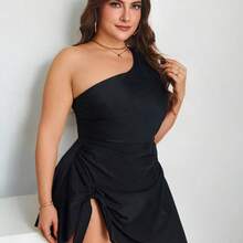 Swim Lushore Plus Size Solid Color One-Piece Tankini Swimsuit - Café integral - Ver 8