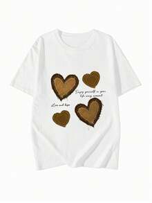 Camiseta de moda para mujeres de verano de manga corta camiseta de moda para mujeres ocio al aire libre 'letras y amor' estampado camiseta casual para mujeres con patrones relajados - Blanco - Ver 3