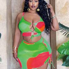 Slayr CURVE Plus Size Women 3pcs Swimsuit Set - Gradient Random Print Tie Front Hollow Top, Paired With Triangle Bottoms & Drawstring Beach Skirt, & Sexy For Beach Holiday For Summer Beach Vacation - Rosa - Ver 7