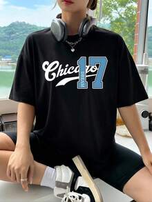 Camiseta Oversize para Mujer con Estampado de Números, Cuello Redondo, Manga Corta, Diseño Streetwear Casual, Ideal para Verano - Negro - Ver 9