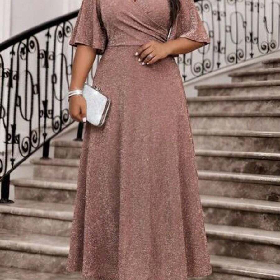 Fleurora Plus Size V-Neck Ruched Waist Elegant Party Dress Rose Gold Dress Elegant Elegant Wedding Guest Dress Elegant Woman Clothing Elegant Dress, Summer Dresses  Women Party Dress Elegant Curve Elegant Dress Mother Of The Bride Dress Plus Size - Caqui - Ver 1