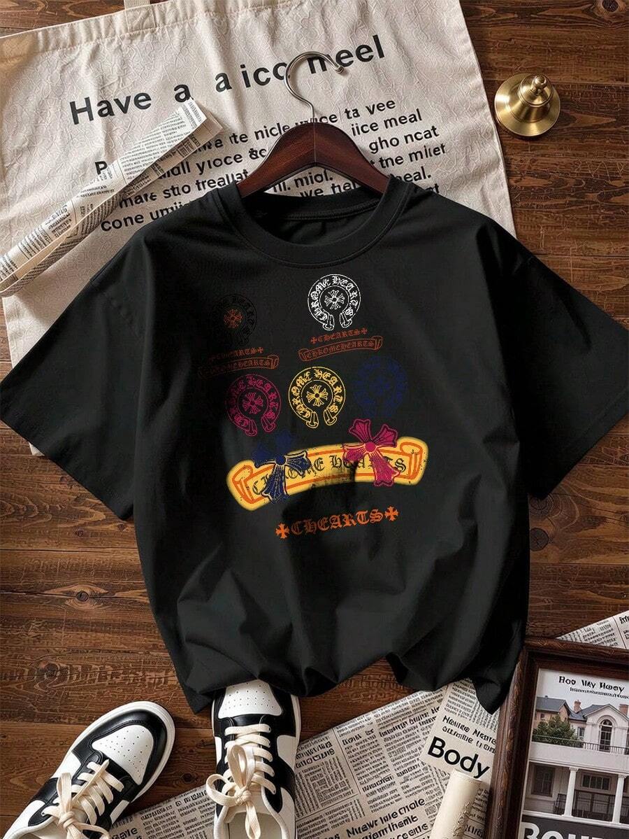 Camiseta de Manga Corta con Estampado Retro de Cruz y Texto,Camiseta de manga corta de moda para primavera y verano de 2026, hecha en México, 180 gramos. Estampado de dibujos animados, modelo de pareja, apta para uso interior o exterior. Cuello redondo, unisex, ideal para oficina y ocio. Paquete de una pieza. - BK-P631577SLNDXZGY405 - Ver 1