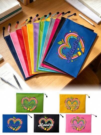 A5 Multifunctional Storage Bag With Letter Patterns Of "Maestra" And Pencil Elements, Makeup Bag With Patterns, Wash Bag, Travel Storage Bag, Large Capacity, File Storage Bag, Suitable For Travel, Dining, Home, Beach, Back To School, Summer, Dormitory, Teacher's Day Best Gift, Teacher's Favorite Gift