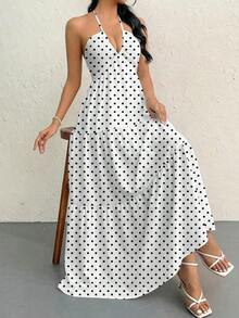 Vestido de gasa con cuello halter y espalda descubierta con nudo para mujeres, ideal para resort, boda y eventos - Blanco - Ver 7