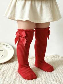 1 Pair Girls' Mesh Bow Knee High Socks, Breathable Non-Sweating Calf Length Socks - Red - View 6