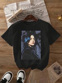 Vintage T-Shirt With Billie Black Print And Pop Culture Icons, Short Sleeves And Round Neck, Casual Style, Suitable For Spring And Summer, Fashionable Women's Clothing. - 黑色 - 查看 12