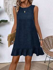 Elouméa Vestido sin mangas de unicolor, simple y diario, para vacaciones y playa - Azul marino - Ver 6