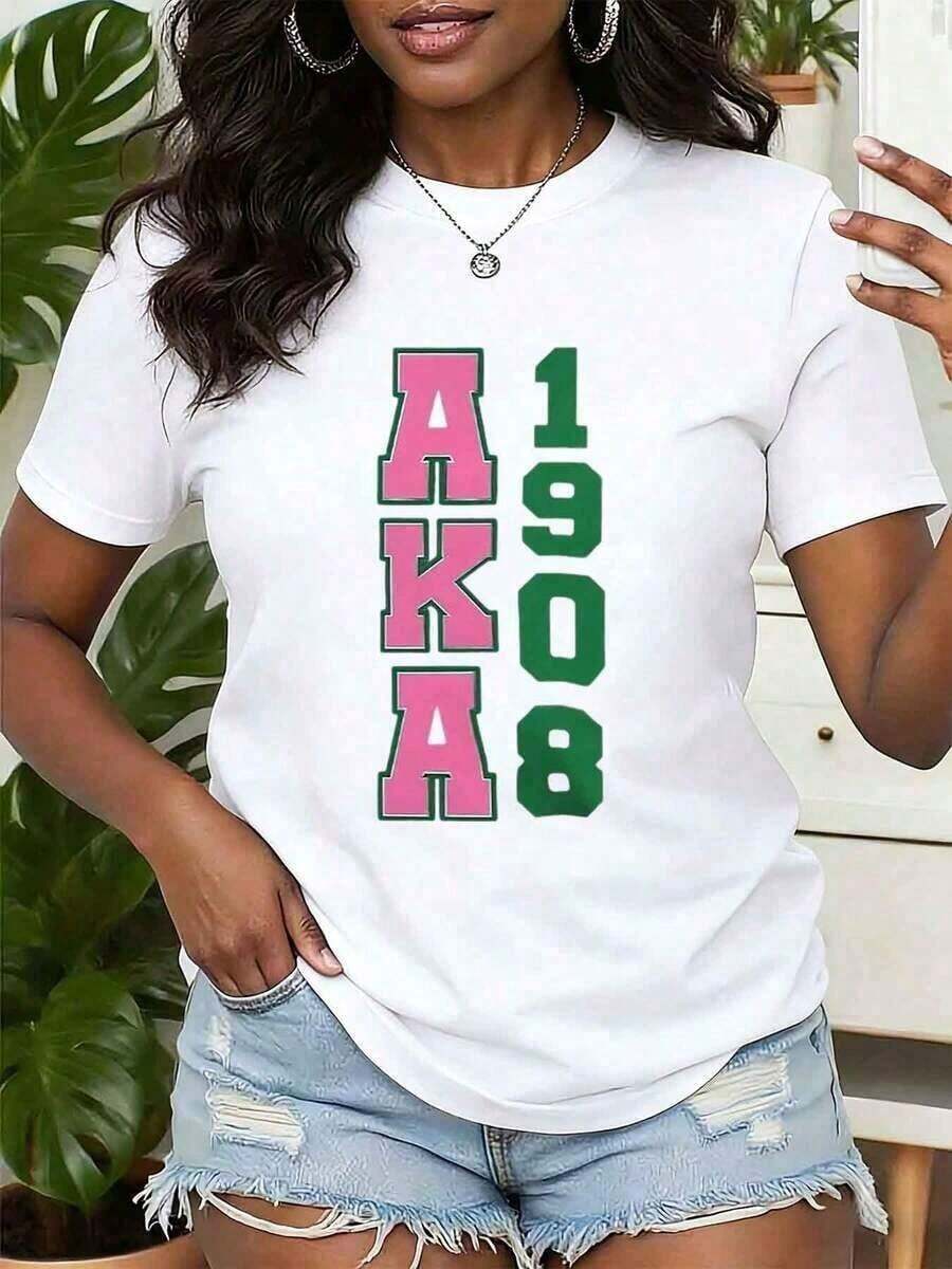 Camisas para Mujer, Camiseta con Estampado Aka 1908, Cuello Redondo, Manga Corta, Top para Eventos de Sororidad, Regalos Aka Sorority, 220g Algodón, Ropa Casual Y2Y, Conjuntos de Primavera para Mujer, Algodón, Blusa para Mujer |   Diseño exquisito |   Suelto y cómodo |   Fácil de combinar | - Blanco - Ver 1