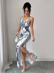Exquisita bata de estilo retro de lujo con estampado de chinoiserie, cintura ceñida y abertura en el bajo, al estilo de Oriente Medio y los Emiratos Árabes Unidos - Multicolor 5 - Ver 3