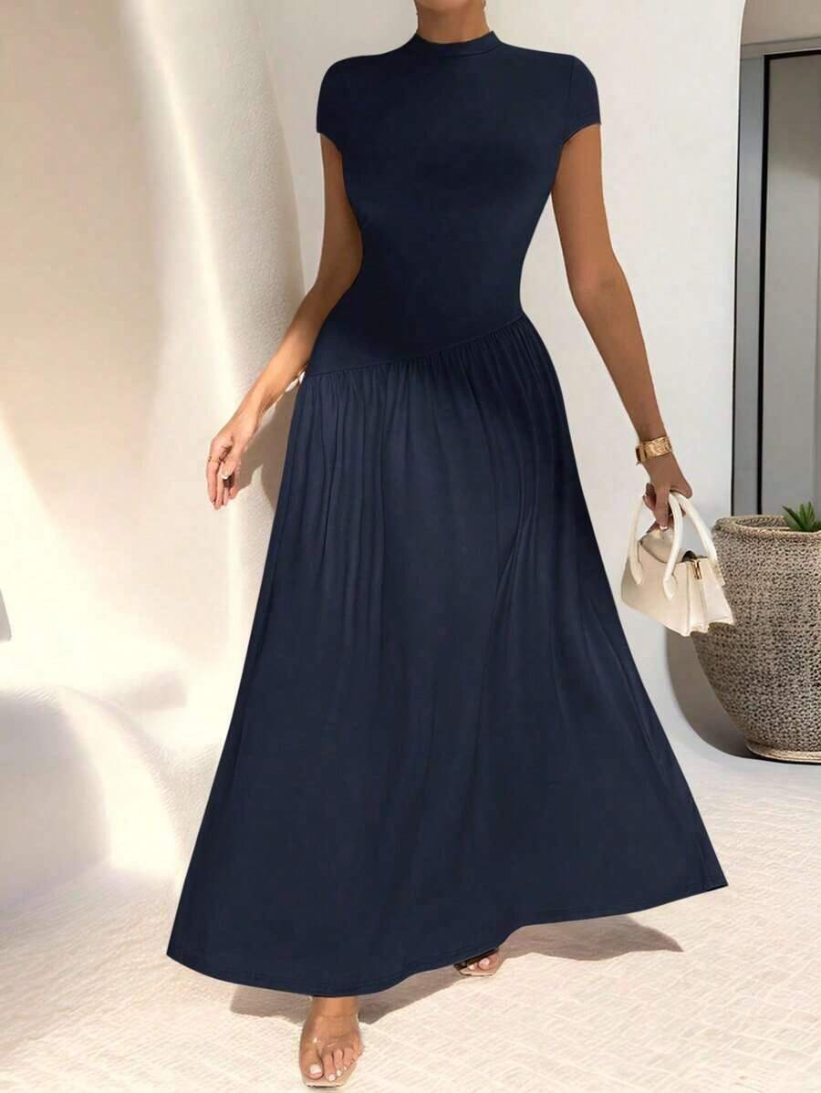 Vestido de línea A de manga corta, de cuello, ajustado, con bajo asimétrico, de uso diario, de estilo minimalista y elegante - Azul marino - Ver 1