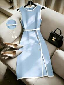 Vestido sin mangas de color albaricoque con cuello redondo, ribete negro y cinturón, de estilo minimalista y versátil, para primavera/verano - Celeste - Ver 1