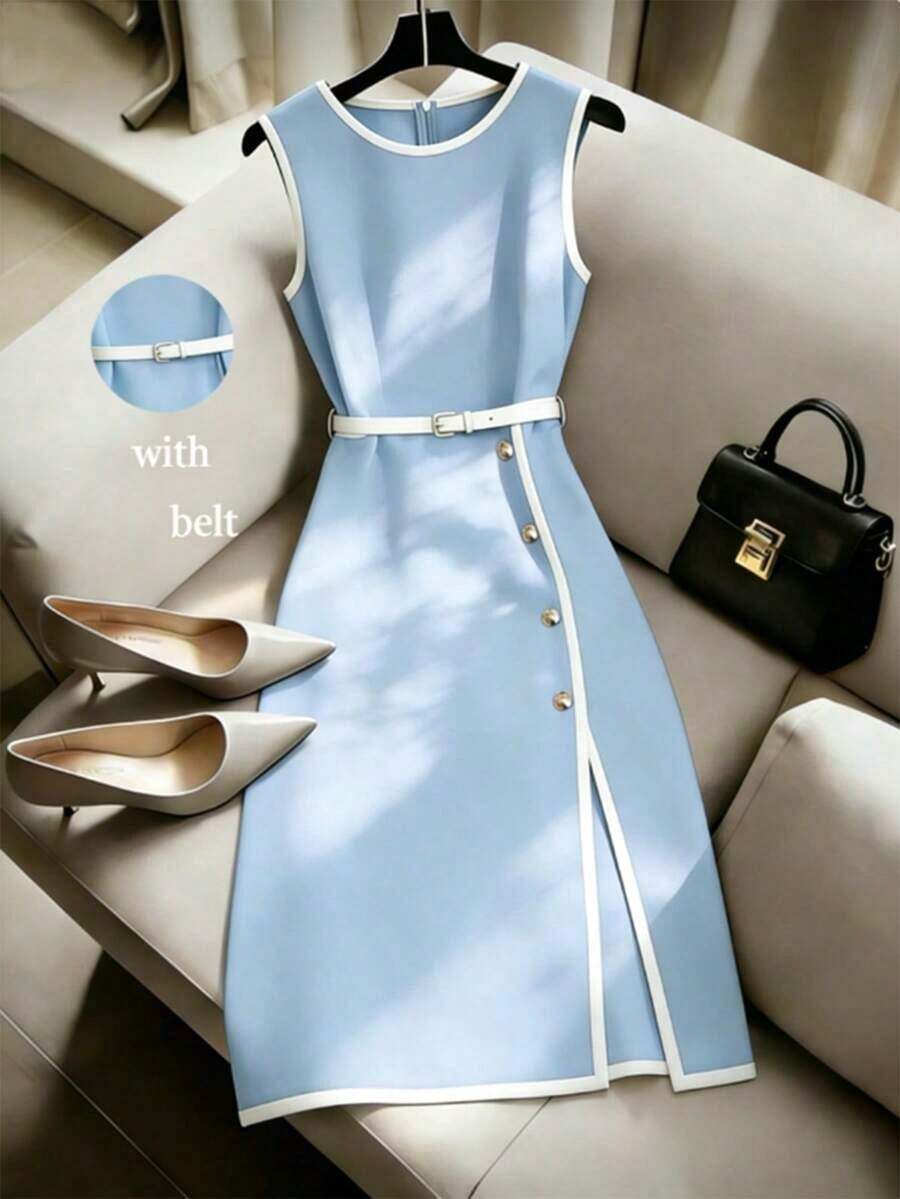 Vestido sin mangas de color albaricoque con cuello redondo, ribete negro y cinturón, de estilo minimalista y versátil, para primavera/verano - Celeste - Ver 1