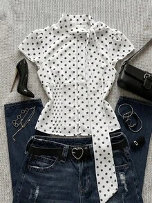 Women's Fashionable Polka Dot Short Sleeve Tie Collar Chiffon Blouse - White - View 1