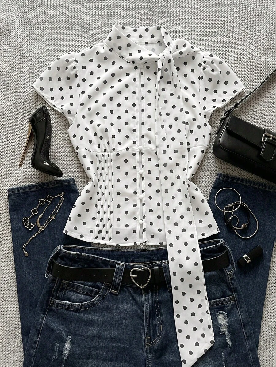 Women's Fashionable Polka Dot Short Sleeve Tie Collar Chiffon Blouse - White - View 1