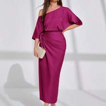 Asymmetrical Neck Batwing Sleeve Wrap Hem Satin Dress For Holiday Party Clothes Maxi Women Outfit Long Evening Dresses - Rojo violeta - Ver 6