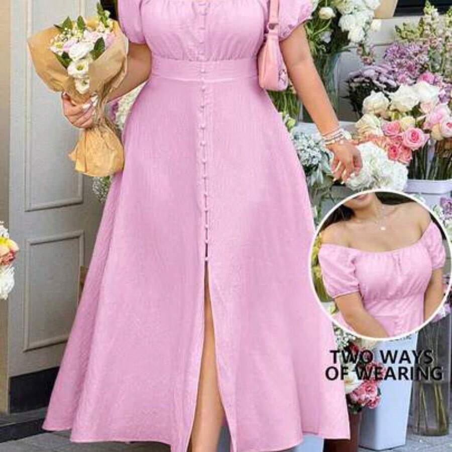 GalTyme Vestido de talla grande con textura trenzada de nudos de bambú - Rosa Pálido - Ver 1