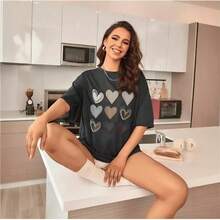 Camiseta de Mujer con Estampado de Corazón, Divertida, de Manga Corta para Verano - Negro - Ver 3
