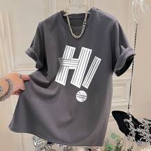 Camiseta de manga corta de algodón puro para mujer, nuevo estilo de verano 2024, corte holgado, estilizante, a la moda, de alta gama, versátil, con estampado de letras elegante. - Negro - Ver 7