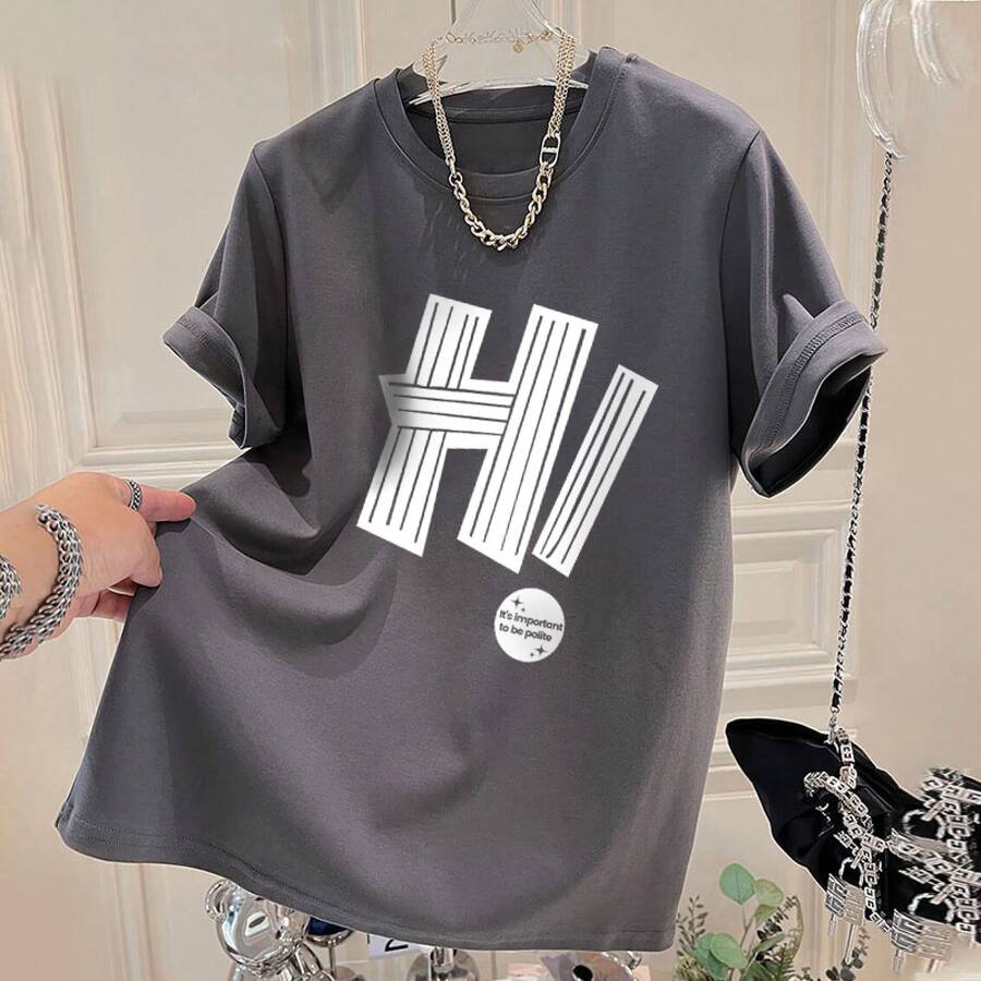 Camiseta de manga corta de algodón puro para mujer, nuevo estilo de verano 2024, corte holgado, estilizante, a la moda, de alta gama, versátil, con estampado de letras elegante. - Blanco - Ver 1