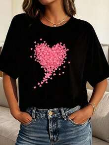 Camiseta con estampado de corazón, top casual de manga corta y cuello redondo para verano y primavera, ropa de mujer, camisetas gráficas .jpg, tops cortos para mujeres, conjuntos de verano para mujeres, tops de verano, camiseta LAST - Negro - Ver 7