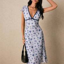 Women's Contrast Trim Cap Sleeve Fitted Midi Dress, Elegant Summer - Azul - Ver 1