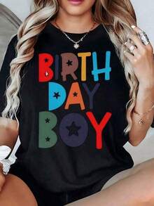 Multicolored Text With Stars Celebrating The Joyful Spirit Of A Happy Birthday To Convey Positive Energy. Women's T-Shirt, 100% Cotton, WX8Q 6R0H - 黑色 - 查看 1