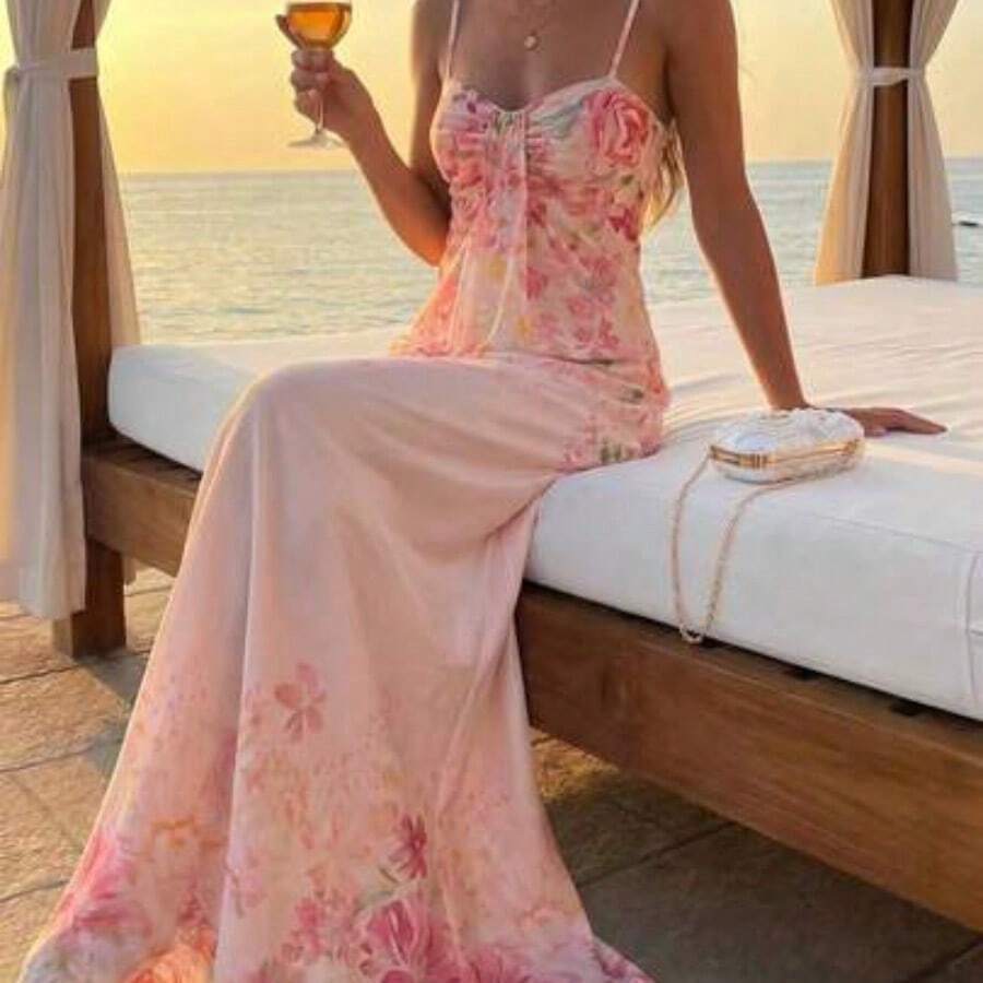 Women's Summer Beach Vacation Maxi Dress Loose Dress Elegant Floral Print Spaghetti Strap Apricot Dress Summer Dresses For Women,Graduation,Teacher Outfits For Women,Teacher Dress,Romantic Dress,Elegant Party Dresses,Casual Long Dresses - Multicolor - Ver 1