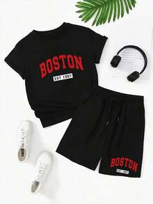 Tallas grandes Conjunto de dos piezas para mujer compuesto por shorts negros y una camiseta adornada con un motivo de de letras rojas, perfecto para ir a la playa o hacer excursiones en verano. - Negro - Ver 8