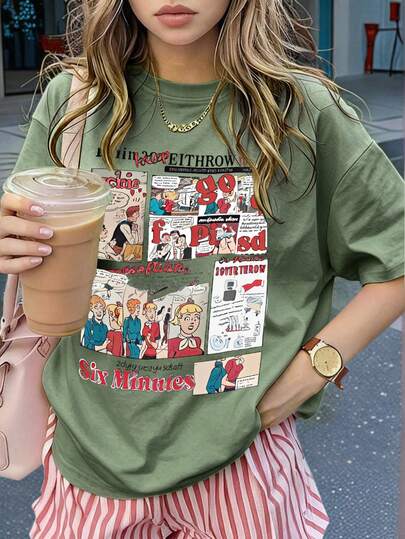 Women's Summer New Short-Sleeve Round-Neck T-Shirt With Cartoon And Letter Prints, Casual Loose Versatile Top, Stylish Daily Wear