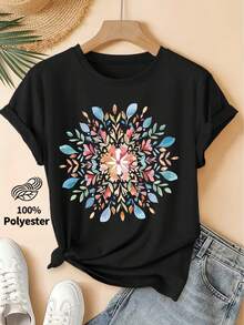 Primavera/Verano 2026, Nueva Camiseta de Manga Corta para Mujer con Cuello Redondo y Estampado Floral de Mandala en Acuarela, Estilo Vintage Desgastado, Top Casual, Tejido de Punto Suave, Ropa de Mujer de Alta Calidad. | Diseño Divertido y Original | Adecuado para uso diario en primavera, verano y otoño. | Camiseta Divertida y Juvenil - Estilo Urbano Vintage Unisex, Holgada, de Algodón, Manga Corta y Cuello Redondo - Blanco - Ver 7