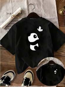 Camiseta estampada por ambos lados con diseño de panda y mariposa de dibujos animados, top casual de manga corta con cuello redondo y estampado en la parte delantera y trasera, adecuada para verano y primavera, top de manga corta, ropa de mujer - Camiseta de algodón holgada unisex de estilo vintage urbano con cuello redondo y manga corta. - Negro - Ver 12