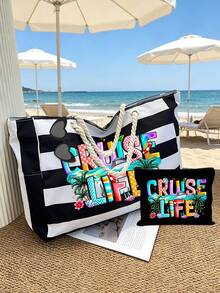 Cruise Life 條紋海灘托特包套裝，大容量帆布托特包附拉鍊收納袋，防水繩編手把，適合郵輪、海灘、旅行使用，可收納泳衣、毛巾、防曬乳及郵輪必需品，適合女性、女孩、旅行者與郵輪愛好者，完美適合作為夏季度假、生日與節日禮物，可用作郵輪包、海灘包、泳裝包與旅行收納包 - 彩色 - 查看 13