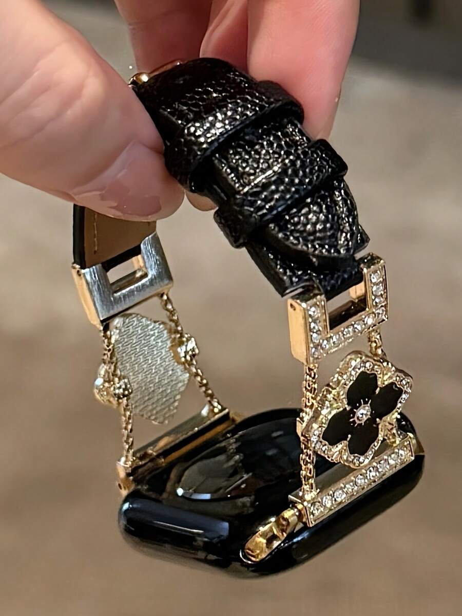 1条奢华女士表带，金色星形水钻镶嵌金属表带搭配黑色皮革表带，兼容38/40/41/42/44/45/46/49mm Ultra/SE/11/10/9/8/7/6/5/4/3/2/1等型号智能手表，时尚智能手表配件，金色表带