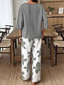 Conjunto de camisa de unicolor y pantalones con estampado floral para vacaciones - Multicolor 4 - Ver 2