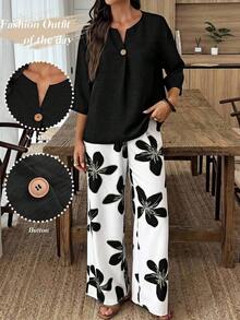 Conjunto de camisa de unicolor y pantalones con estampado floral para vacaciones - Multicolor 6 - Ver 8