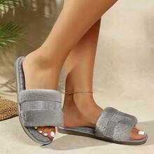 LANGRUIER New Solid Color Bohemian Crystal Embellished Open Toe Flat Slippers, Soft Bottom, Versatile Indoor/Outdoor Wear, All Season - Grey - View 5