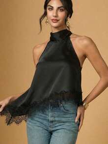 Blusa elegante de cuello halter con bajo asimétrico y encaje de contraste de unicolor para mujer - Negro - Ver 5