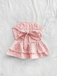 Top tubo sin espalda con lazo de jacquard de ganso casual de vacaciones para damas - Rosa Pálido - Ver 2